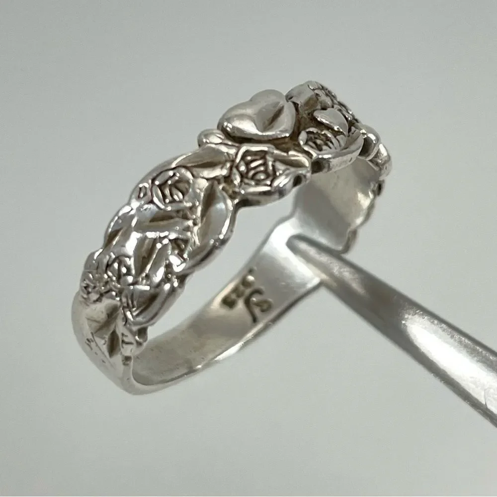 925 Sterling Silver Heart Flower Boho Ring Band Sz 7 Artisan Love Ring Fashion